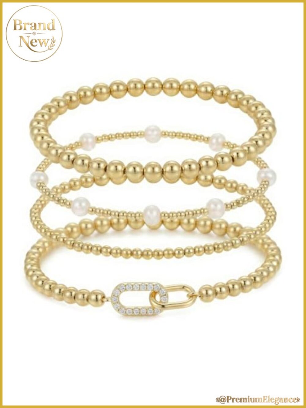 4 Pc Stretch Bracelet Set Gold Plated Brass Pearl Beads Paperclip Charm